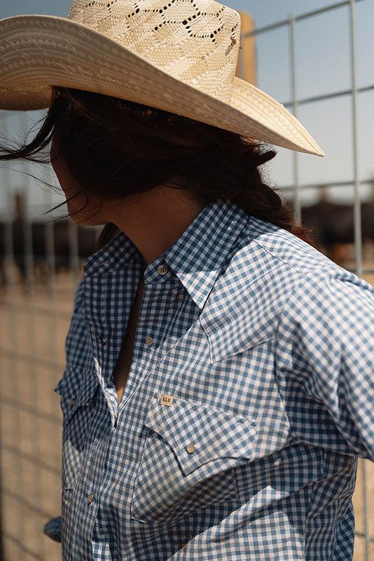 ely cattleman Women's Cowboygirl Blue Gingham Granddaddy Snap Shirt