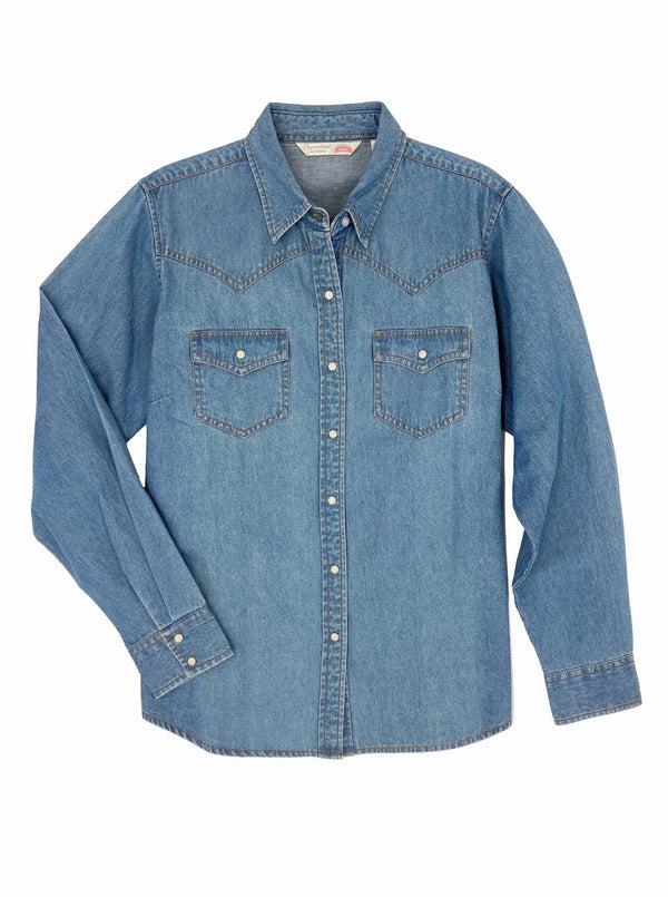 ely cattleman Women's Ely Cattleman Bleach Washed Denim Western Snap Shirt