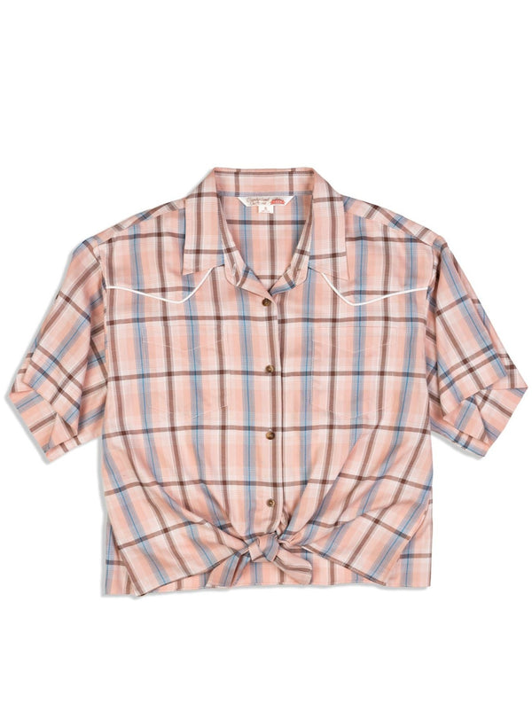 ely cattleman Women's Ely Cattleman Peach Plaid Tie-Front Short Sleeve Shirt