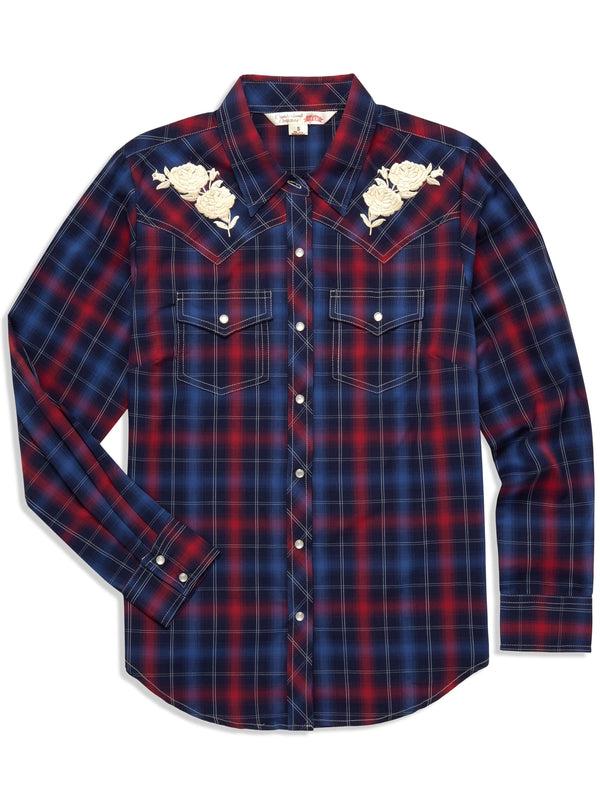 ely cattleman Women's Ely Cattleman Plaid Western Snap Shirt with Rose Embroidery