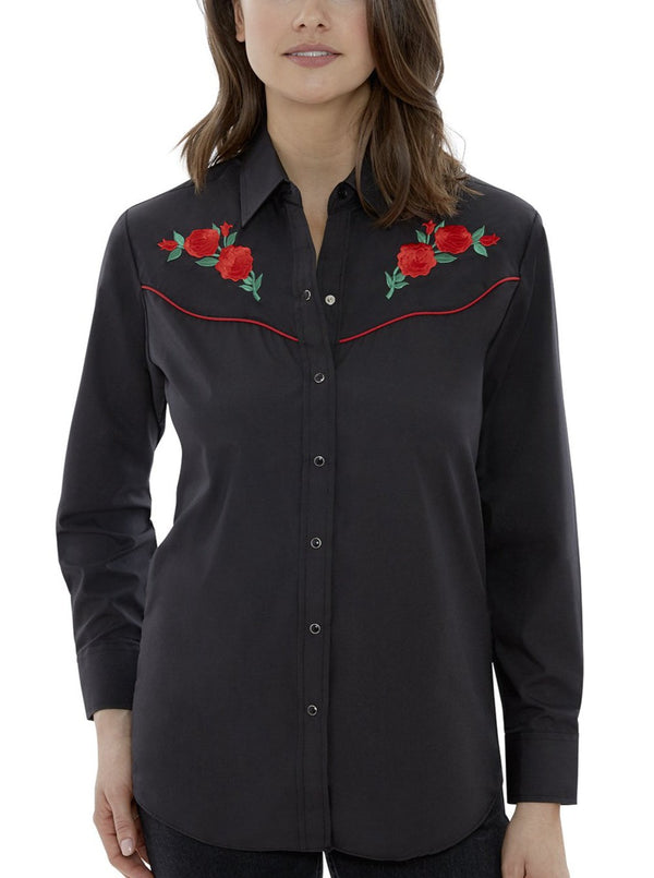 Ely Cattleman Women's Ely Walker Long Sleeve Western Snap Shirt With Red Rose Embroidery