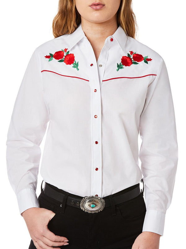 Ely Cattleman Women's Ely Walker Long Sleeve Western Snap Shirt With Red Rose Embroidery