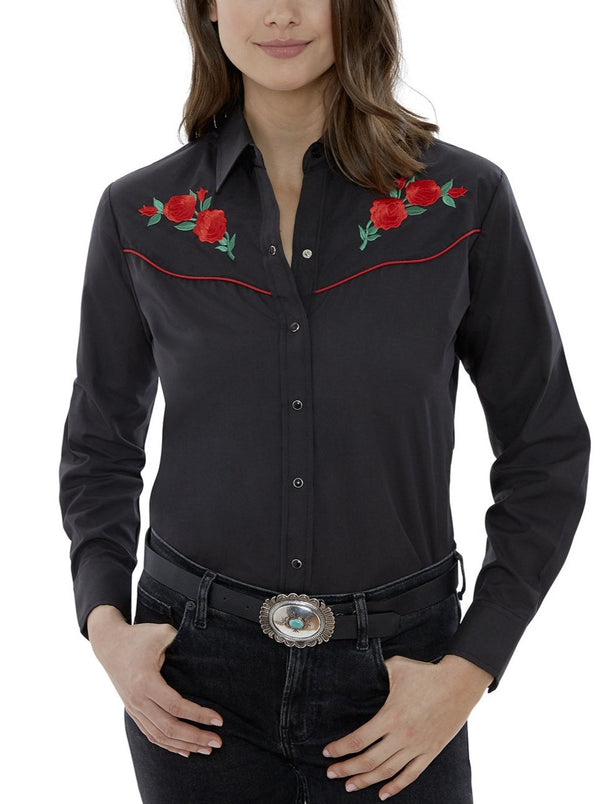 ely cattleman Women's Ely Walker Long Sleeve Western Snap Shirt with Red Rose Embroidery