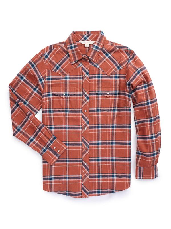 ely cattleman Women's Ely Walker Rust Plaid Flannel Western Snap Shirt