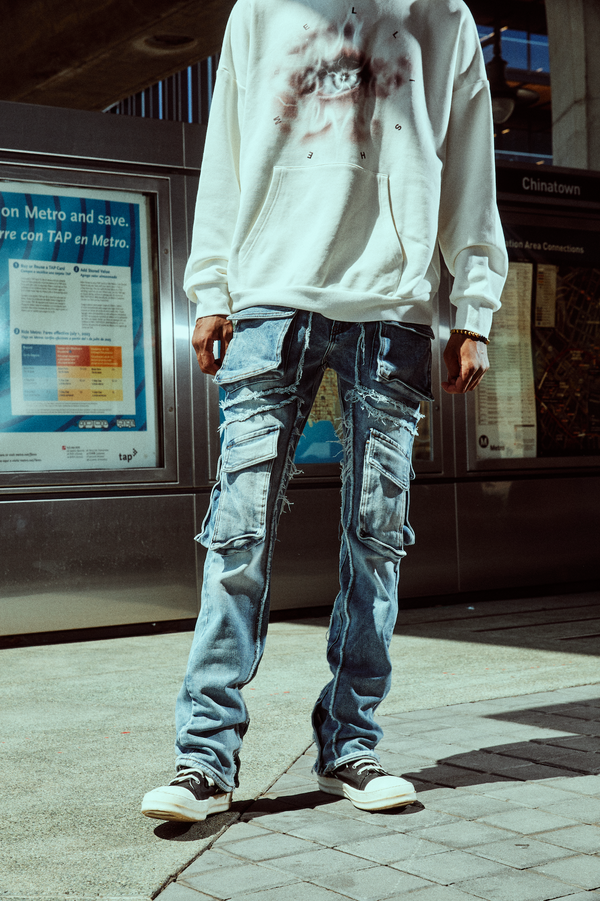 Embellish Eagle Cargo Flare Denim (Acid Wash)
