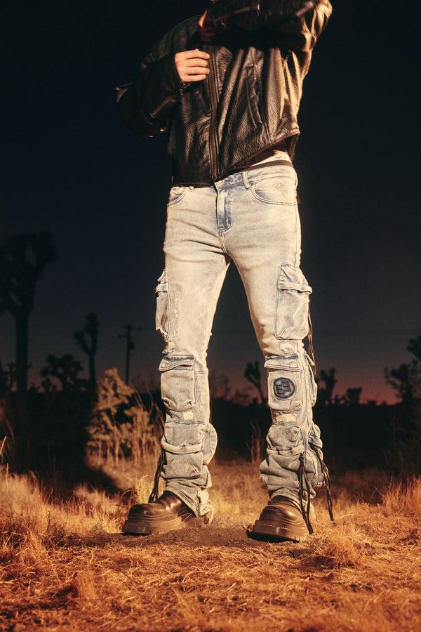 Embellish Hawk Cargo Flare Denim (Stone Wash)