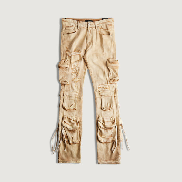 embellish Hawk Flare Cargo Denim (Washed Tan)