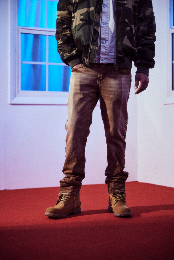 Embellish Saddle Studded Straight Denim (Tobacco)