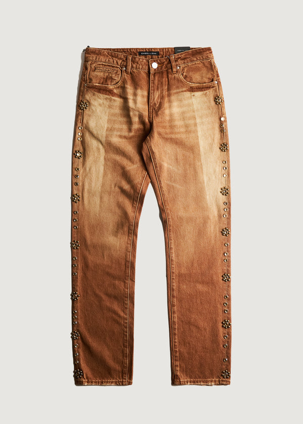 embellish Saddle Studded Straight Denim (Tobacco)