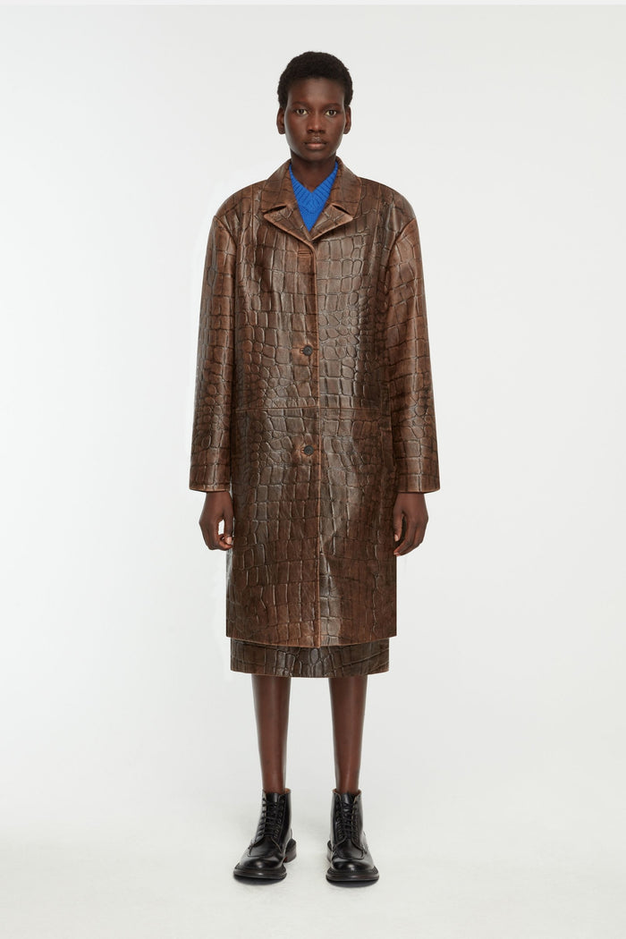 Emilia Wickstead Alfie Coat In Chocolate Embossed Croc Western Leather