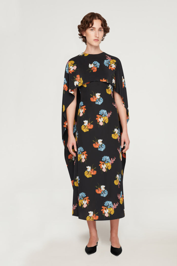 Emilia Wickstead Alphonse Dress In Retro Bouquet On Black Silk Crepe De Chine Dresses