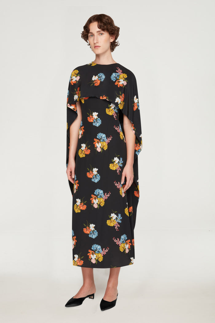 Emilia Wickstead Alphonse Dress In Retro Bouquet On Black Silk Crepe De Chine Dresses