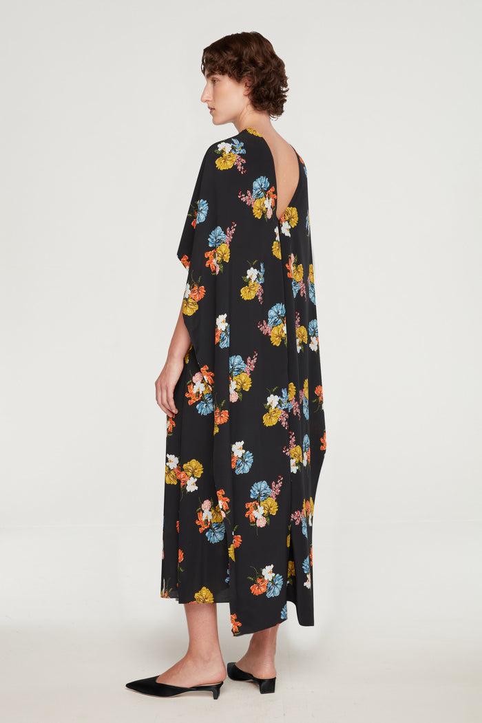 Emilia Wickstead Alphonse Dress In Retro Bouquet On Black Silk Crepe De Chine Dresses