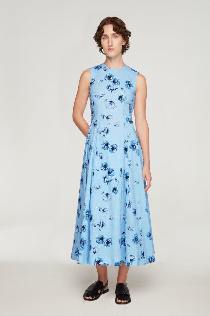 Emilia Wickstead Chelsea Dress In Blue Poppies On Baby Blue Bibione Cotton Dresses
