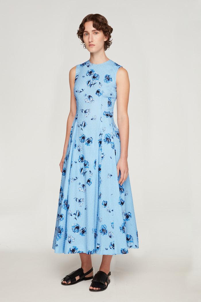 Emilia Wickstead Chelsea Dress In Blue Poppies On Baby Blue Bibione Cotton Dresses