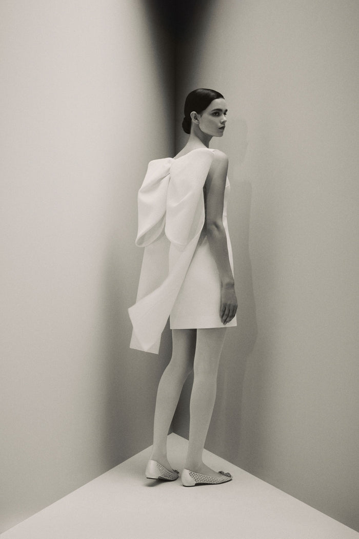 Emilia Wickstead Drusilla Bow Back Mini Bridal Dress In Ivory Textured Cloque