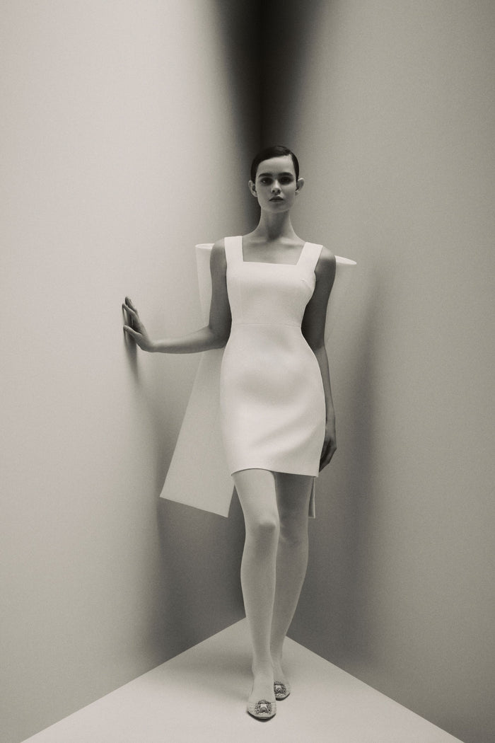 emilia wickstead Drusilla Bow Back Mini Bridal Dress in Ivory Textured Cloque