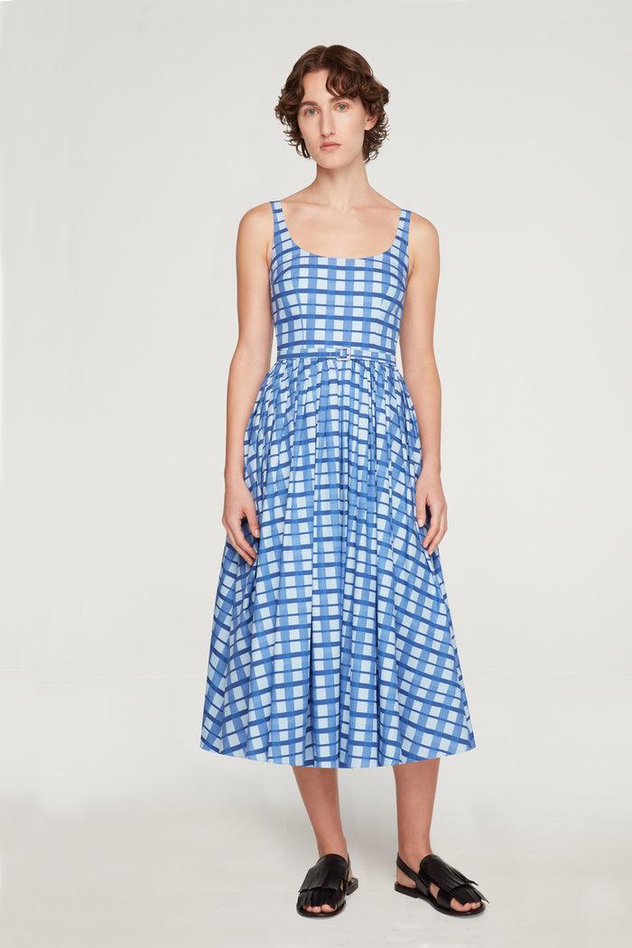 Emilia Wickstead Eglantine Dress In Blue Painted Gingham Cotton Poplin Dresses