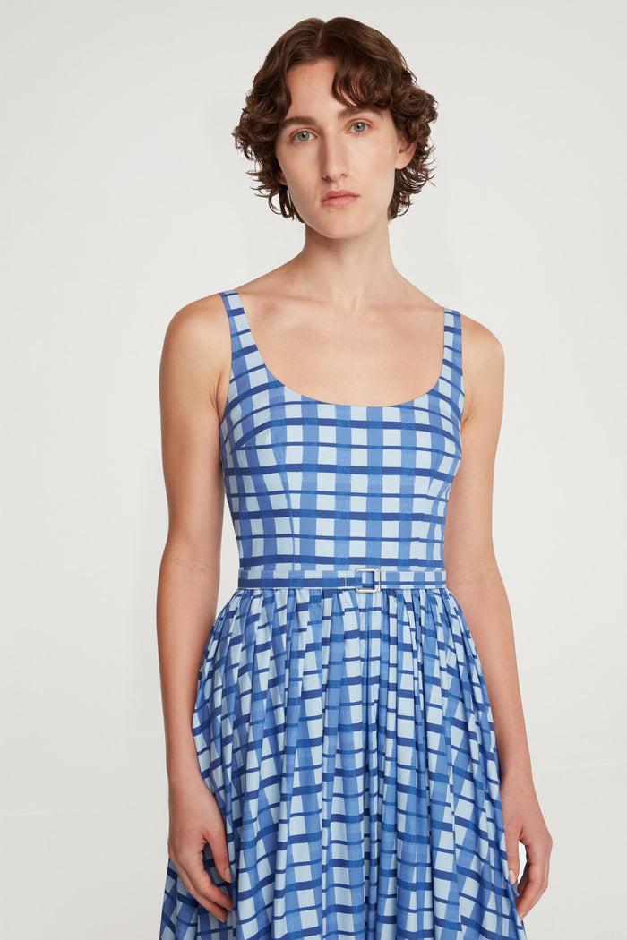 Emilia Wickstead Eglantine Dress In Blue Painted Gingham Cotton Poplin Dresses