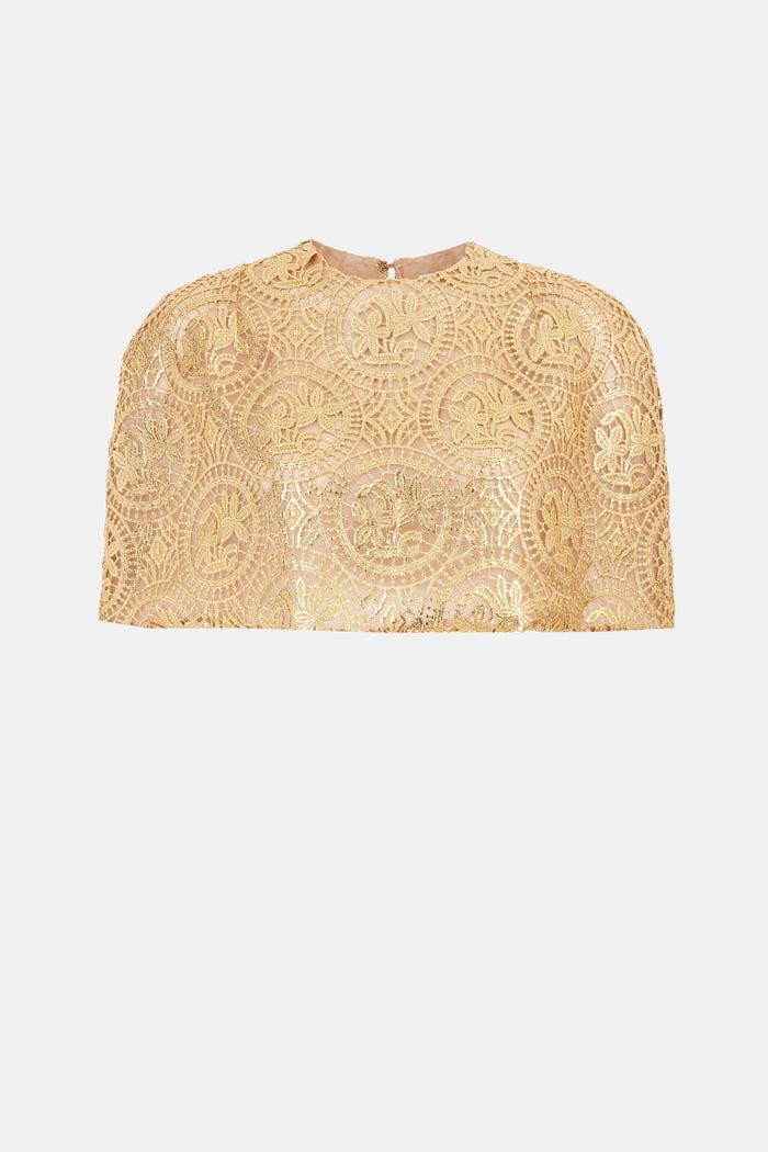 emilia wickstead Lena Cape In Gold Foiled Guipure