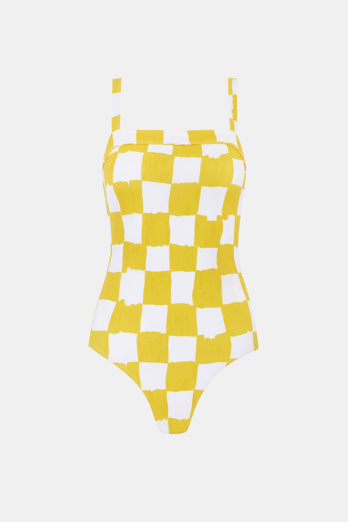 emilia wickstead Emilia Wickstead X Palm Heights Nell Swimsuit in Yellow And White Checkerboard Print Swimsuit