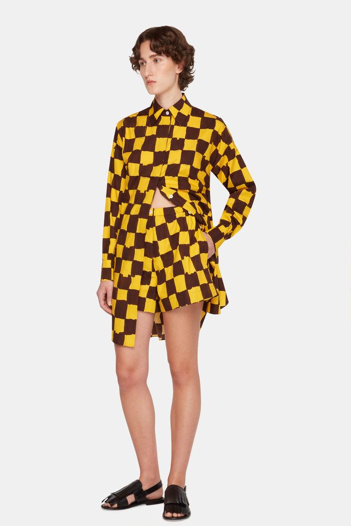 Emilia Wickstead Emilia Wickstead X Palm Heights Pasqa Shorts In Chocolate And Yellow Checkerboard Print Cotton
