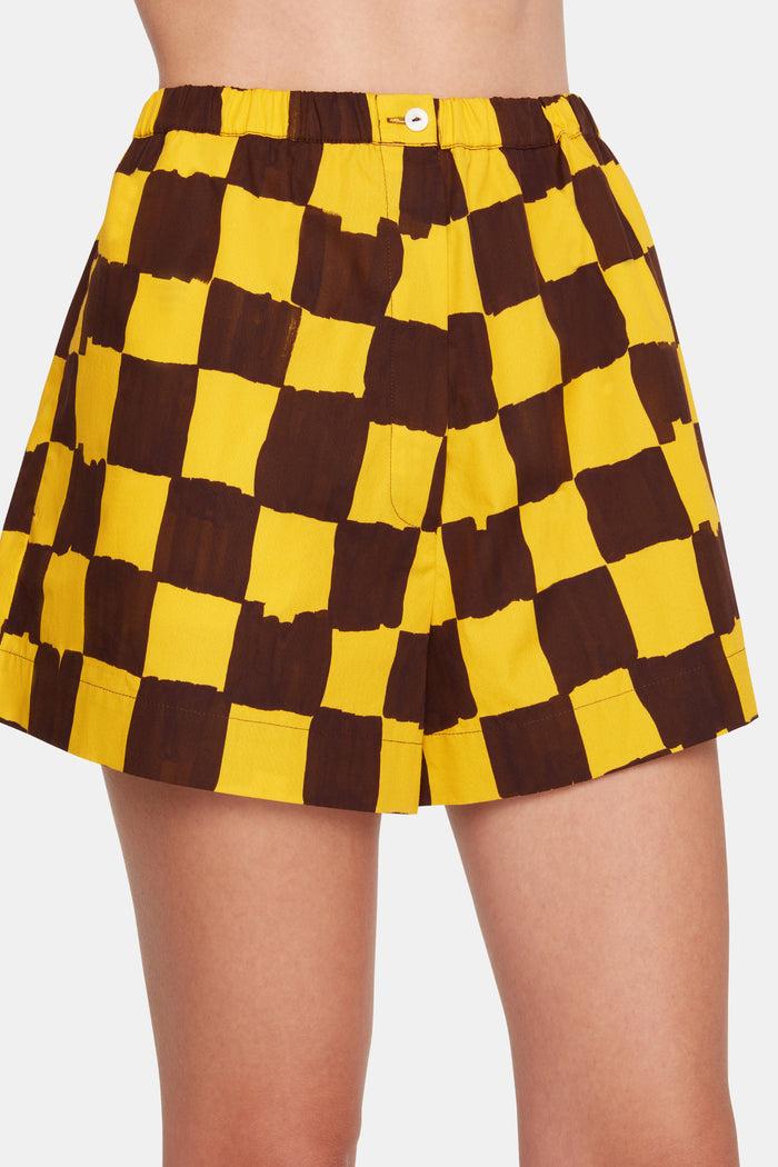 Emilia Wickstead Emilia Wickstead X Palm Heights Pasqa Shorts In Chocolate And Yellow Checkerboard Print Cotton
