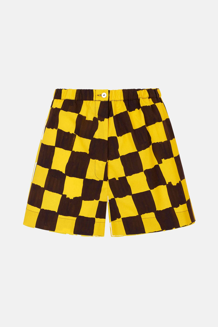 emilia wickstead Emilia Wickstead X Palm Heights Pasqa Shorts in Chocolate and Yellow Checkerboard Print Cotton