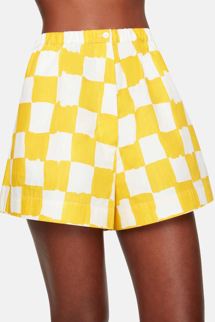 Emilia Wickstead Emilia Wickstead X Palm Heights Pasqa Shorts In Yellow And White Checkerboard Print Cotton