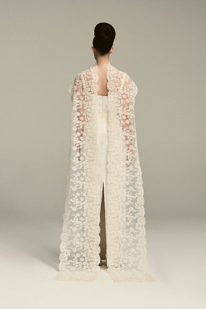Emilia Wickstead Eugenia Bridal Dress In Ivory Embroidered Lace With Cornelia Scarf Train Wedding Dress