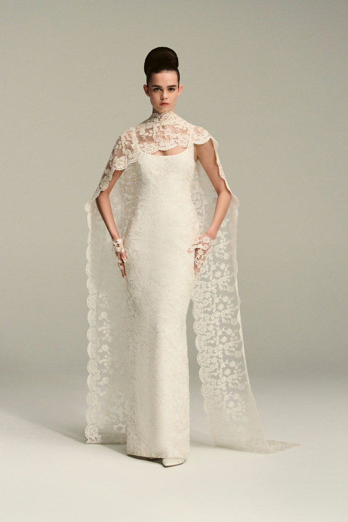 emilia wickstead Eugenia Bridal Dress in Ivory Embroidered Lace with Cornelia Scarf Train Wedding Dress