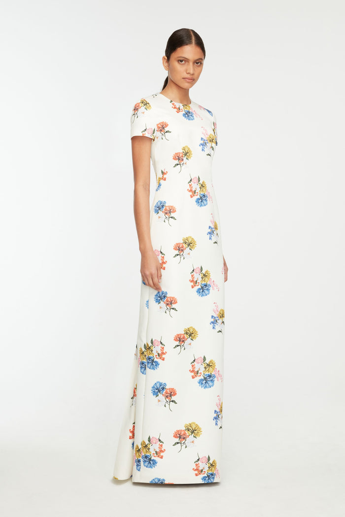 Emilia Wickstead Fosette Dress In Retro Bouquet On White Taffeta Faille