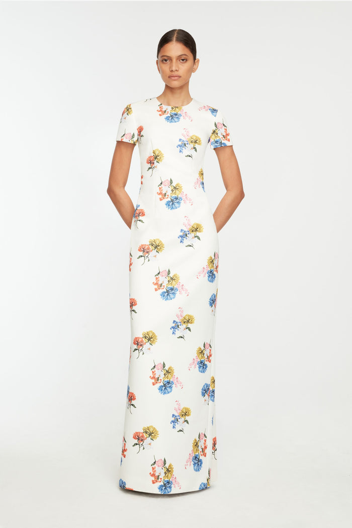Emilia Wickstead Fosette Dress In Retro Bouquet On White Taffeta Faille