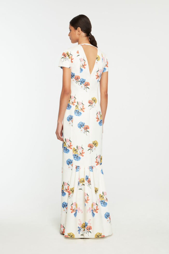 Emilia Wickstead Fosette Dress In Retro Bouquet On White Taffeta Faille