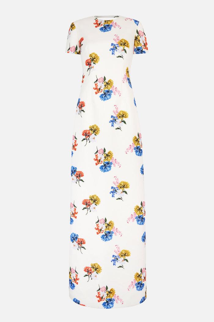 emilia wickstead Fosette Dress In Retro Bouquet On White Taffeta Faille