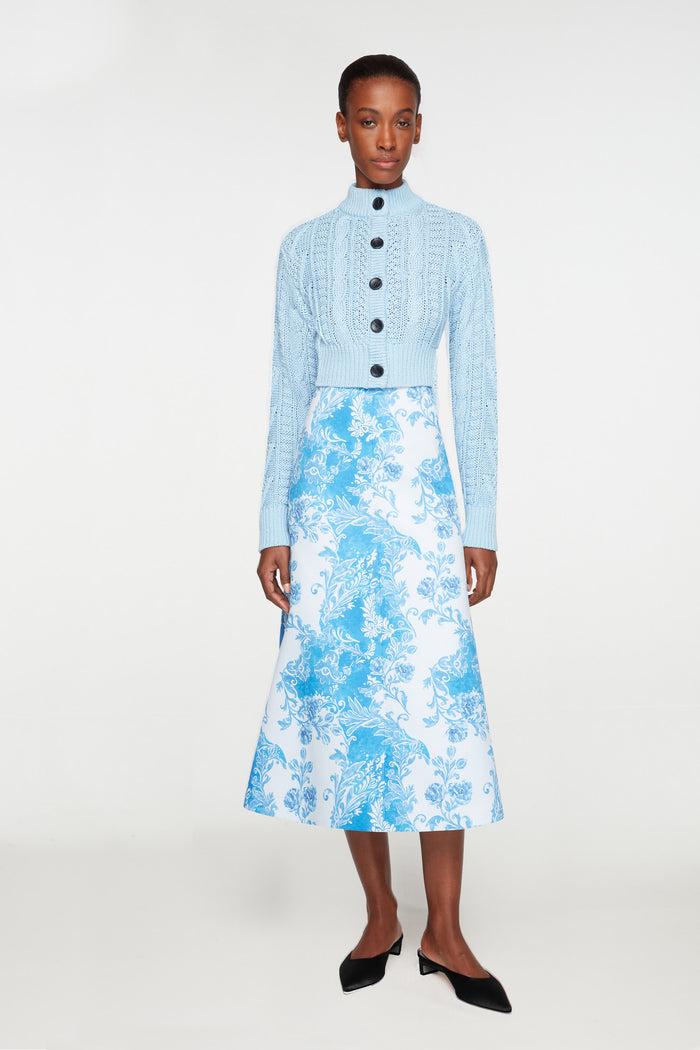 Emilia Wickstead Hallie Skirt In Blue Floral Damask Taffeta Faille