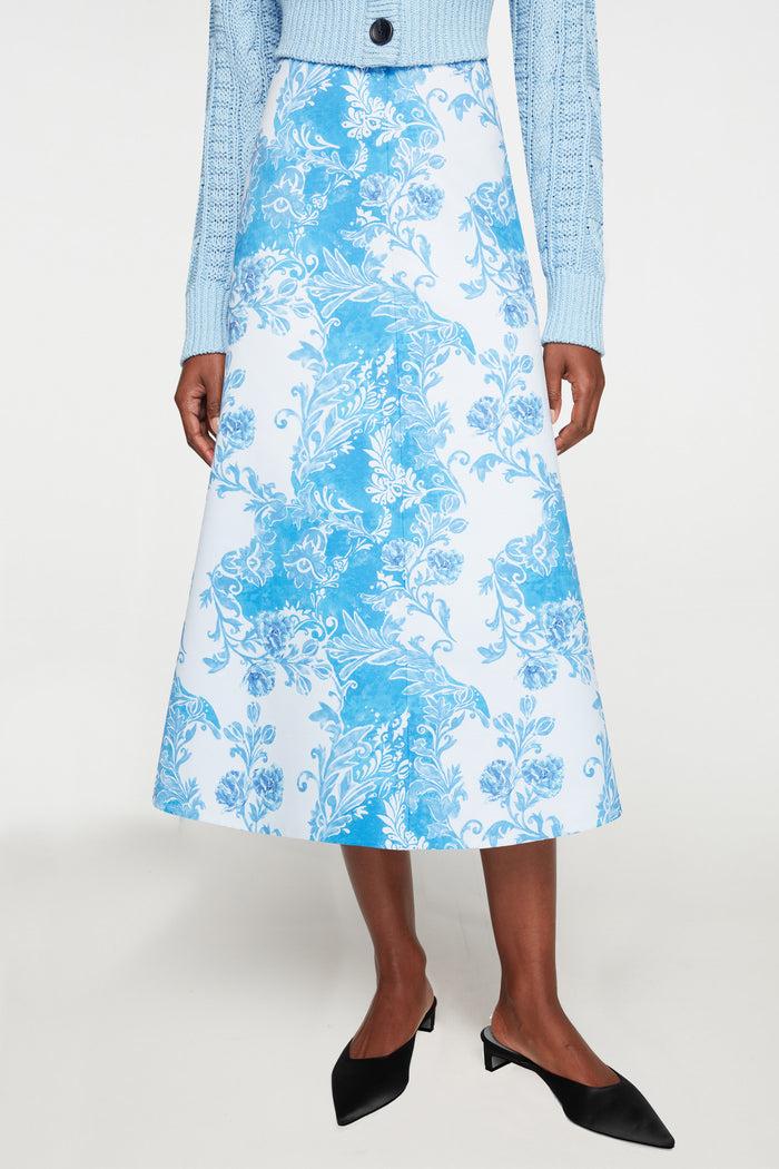 Emilia Wickstead Hallie Skirt In Blue Floral Damask Taffeta Faille