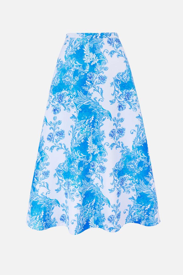 emilia wickstead Hallie Skirt In Blue Floral Damask Taffeta Faille