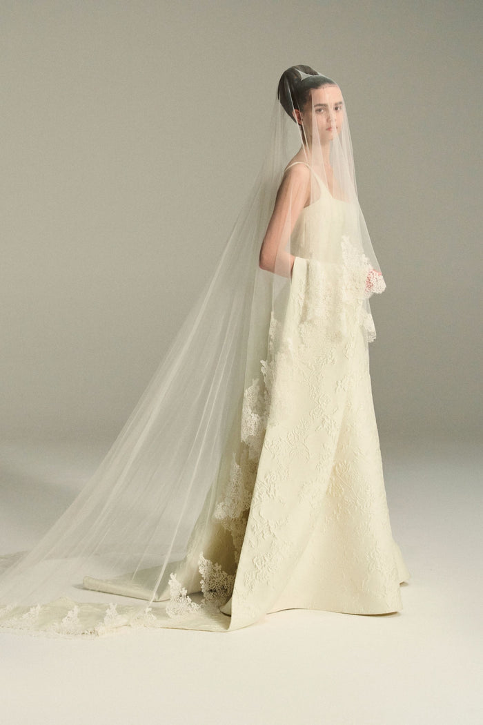 Emilia Wickstead Irena Bridal Dress In Ivory Fine Floral Jacquard With Sophia Scarf Train Wedding Dress