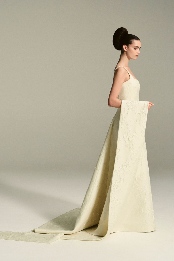 emilia wickstead Irena Bridal Dress in Ivory Fine Floral Jacquard with Sophia Scarf Train Wedding Dress