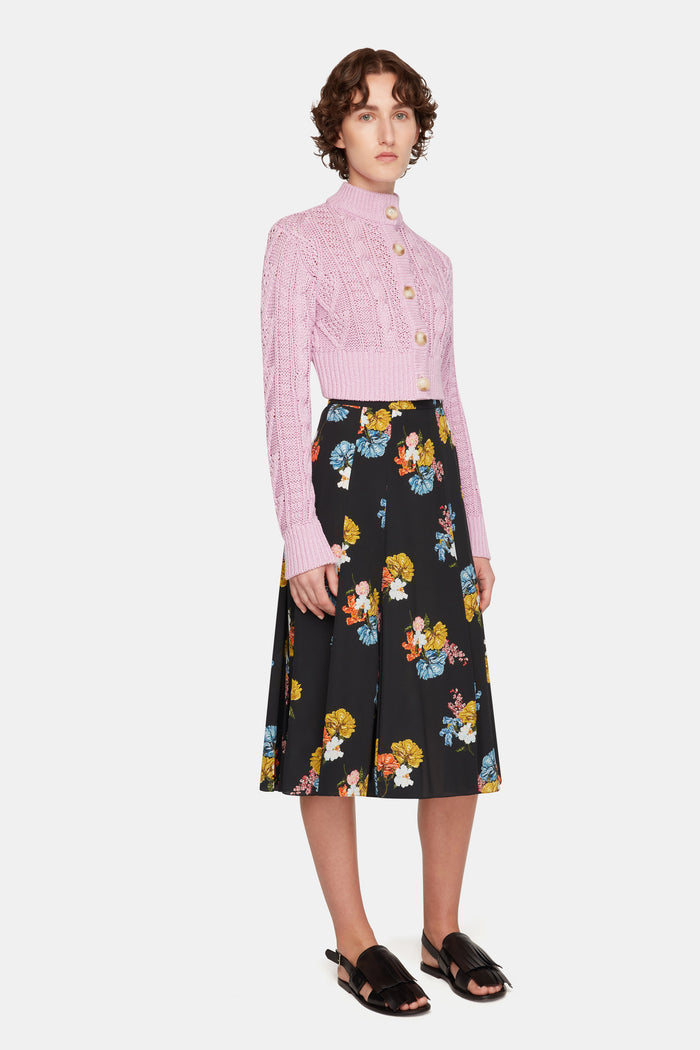 Emilia Wickstead Kenzie Skirt In Retro Bouquet On Black Silk Crepe De Chine Skirts
