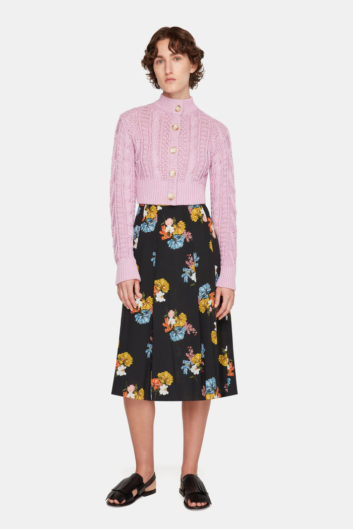 Emilia Wickstead Kenzie Skirt In Retro Bouquet On Black Silk Crepe De Chine Skirts