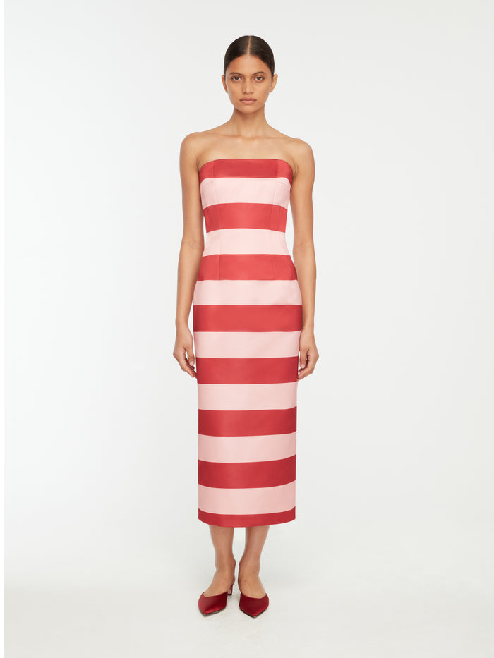 Emilia Wickstead Leila Dress In Pink And Red Stripe Italian Duchess Satin Dresses