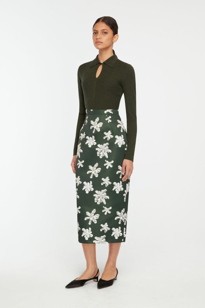 Emilia Wickstead Lorelei Skirt In Ivory Floral On Hunter Green Genzianella