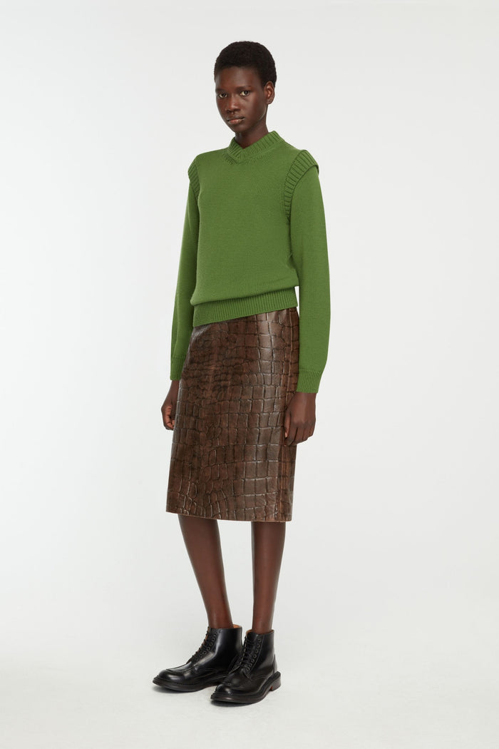 Emilia Wickstead Loretta Skirt In Chocolate Embossed Croc Western Leather