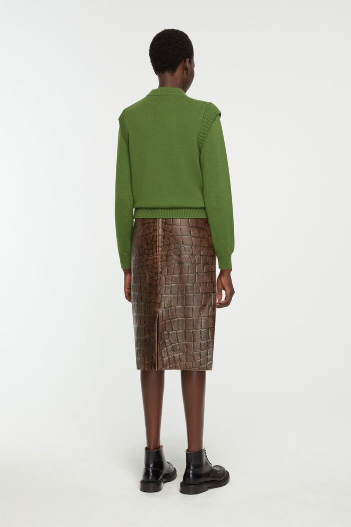 Emilia Wickstead Loretta Skirt In Chocolate Embossed Croc Western Leather