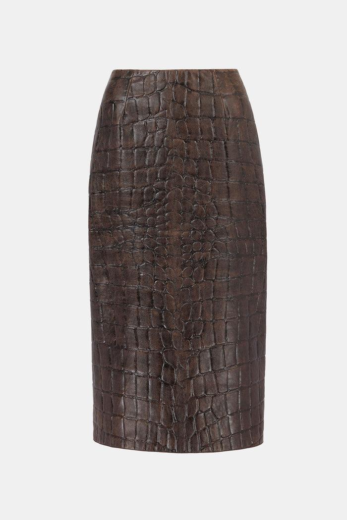 emilia wickstead Loretta Skirt In Chocolate Embossed Croc Western Leather