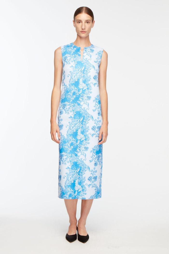 Emilia Wickstead Ludie Dress In Damask Floral Blue On Taffeta Faille