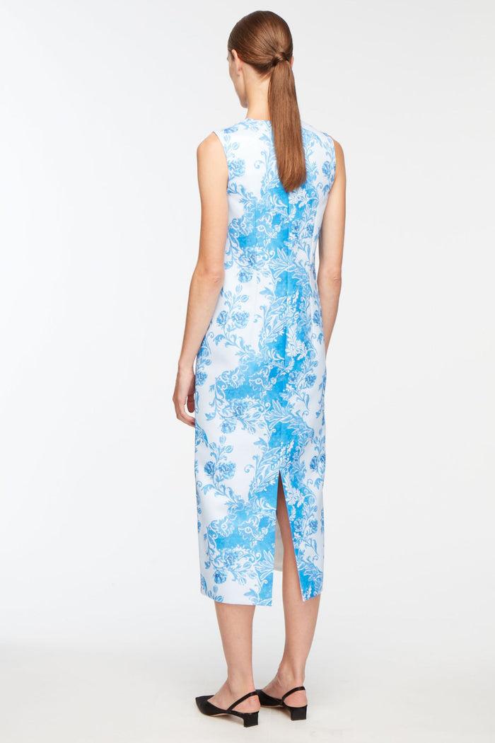 Emilia Wickstead Ludie Dress In Damask Floral Blue On Taffeta Faille