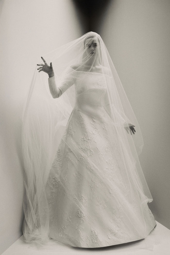 emilia wickstead Luisa Bridal Dress in Rose Jacquard with Pleione Veil Wedding Dress